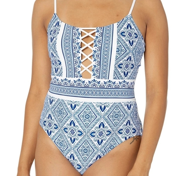 La Blanca Other - La Blanca Blue & White Tile-Print One-Piece Swim Suit with Lace-Up Front